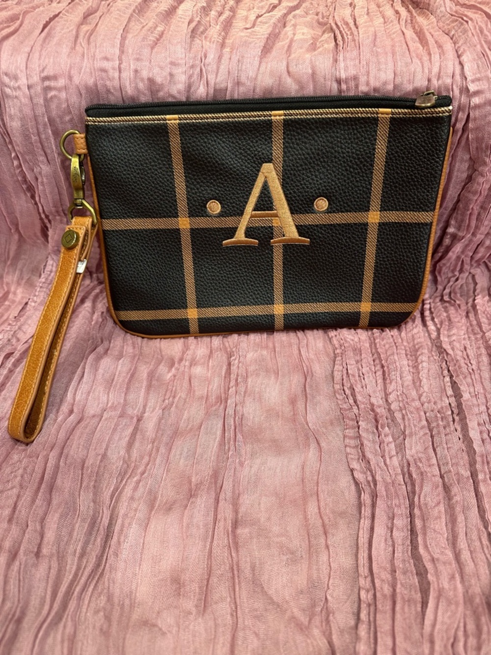 Monogrammed Black & Tan Plaid Wristlet Clutch - A Initial